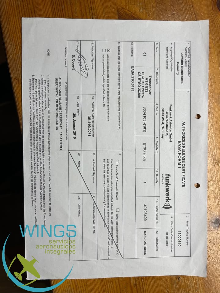 Radio ATR 833 z Formularzem EASA 1